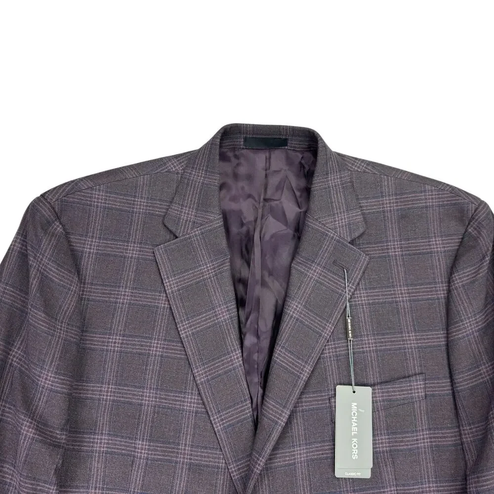 Michael Kors Mens Kent Classic Fit Stretch Plaid Sport Coat Burgundy 46L